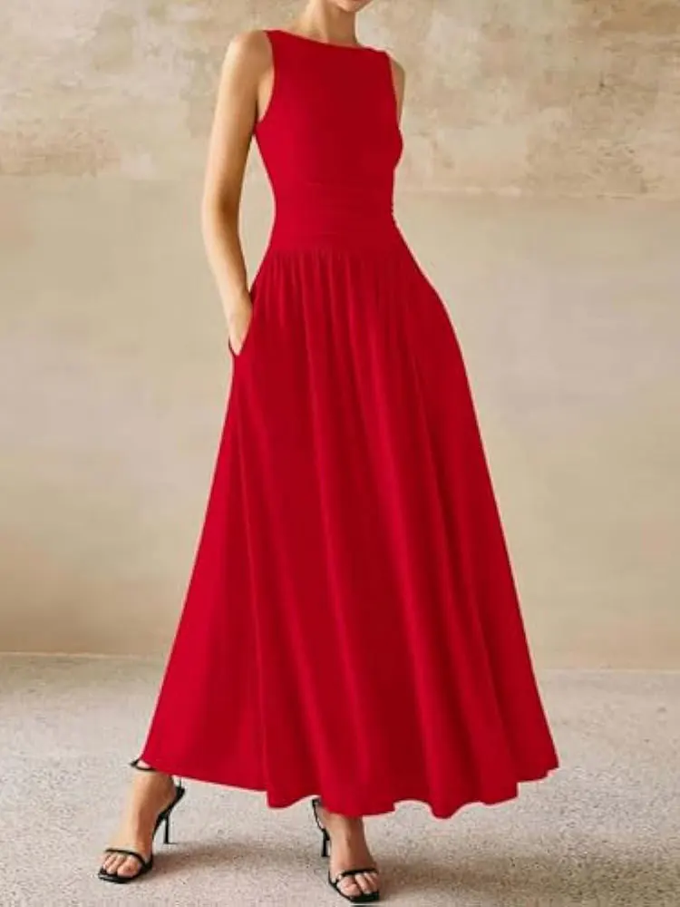 New Shimmering Sleeveless Festive Red Dress High-Waisted Flowy Full-Skirted Women Clothes Summer Pockets Evening Long Dresses