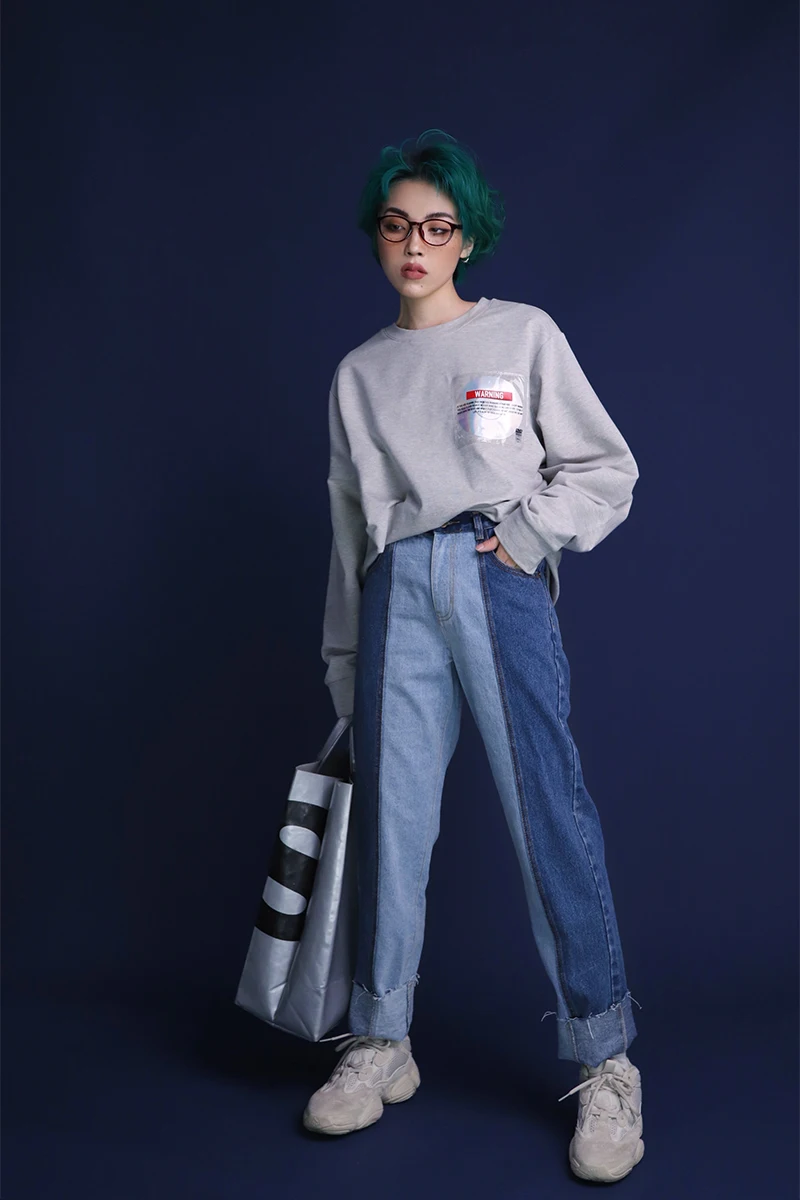 

EOH Original Design Spliced Color Blo Loose Straight Leg Jeans Visual Slimming Effect Long Pants Women's Autumn Faion