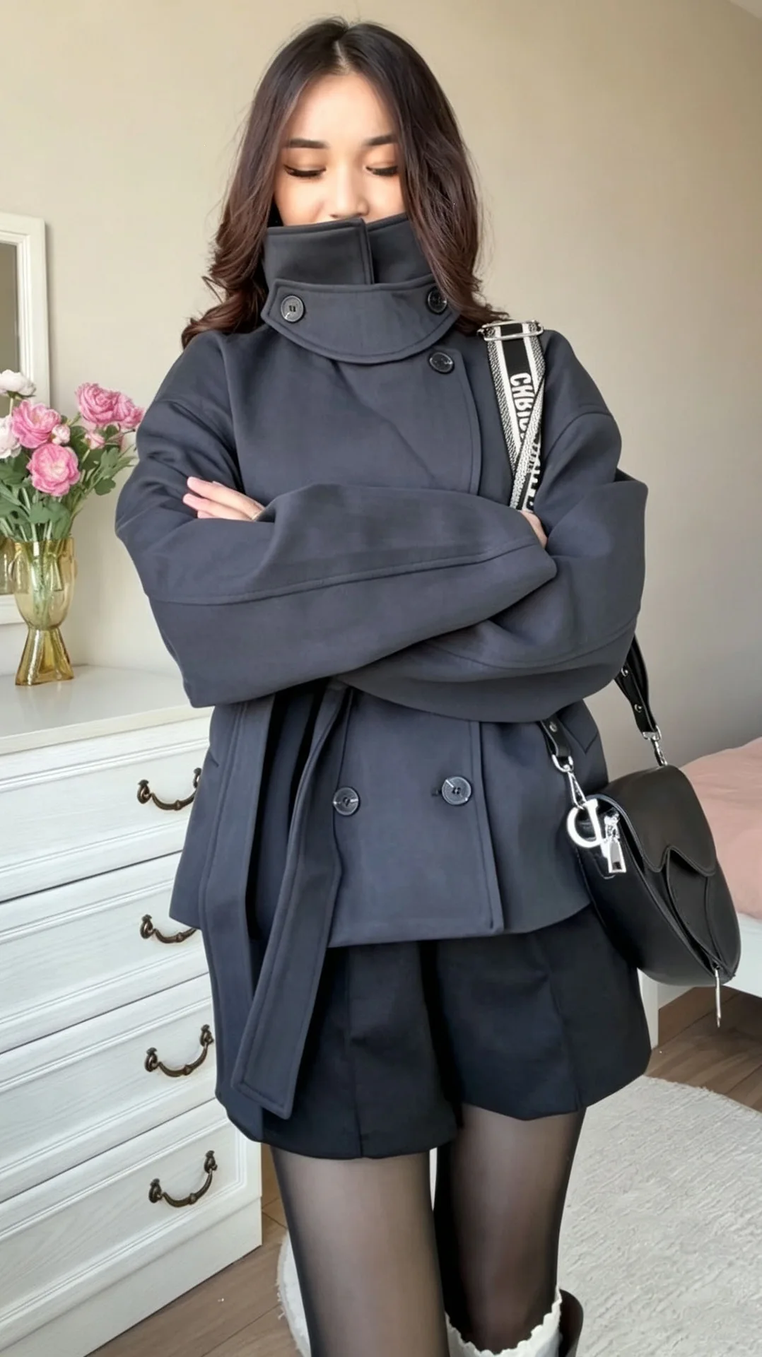 Dark Grey High Collar Double Breasted Belted Short Wool Coat Women Old Money Aesthetic Tailored Winter Jacket