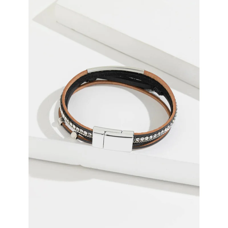 2024 Crystal Multilayer Leather Bracelet for Women Layed Letter STRONG Bangle for Friend Couple