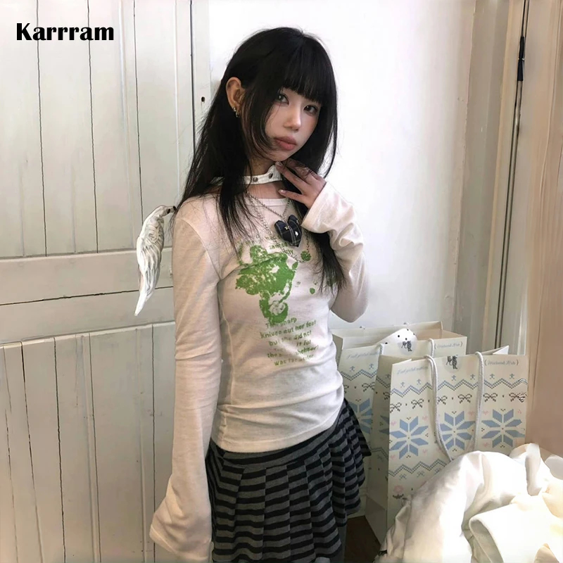 

Karrram Japanese Y2k Graffiti Print T-shirt 2000s Aesthetics Flare Sleeve T Shirt Vintage Harajuku Fairycore Tops American Retro