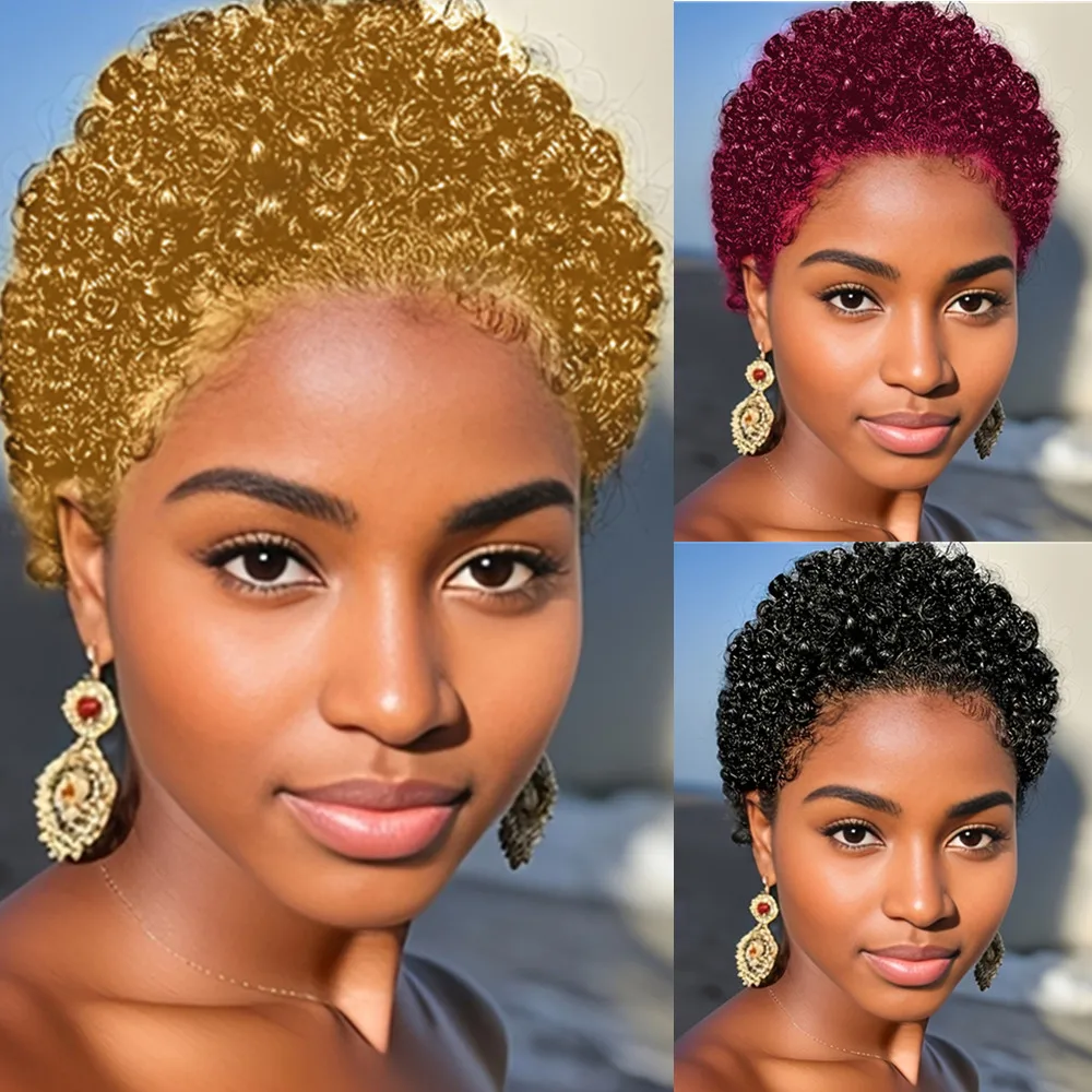 

Парик с стрижкой пикси, короткий парик из человеческих волос, афро вьющийся машинный парик Пикси, черный цвет для женщин, парик для повседневного использования на вечеринке