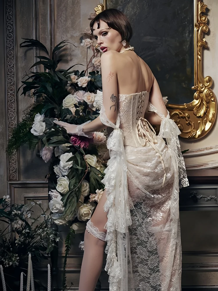 REDDACHiC Renaissance Pearl Corset High-low Skirt Women Matching Set Medieval Vintage Jacquard Top Train Skirt Victorian Costume view 6