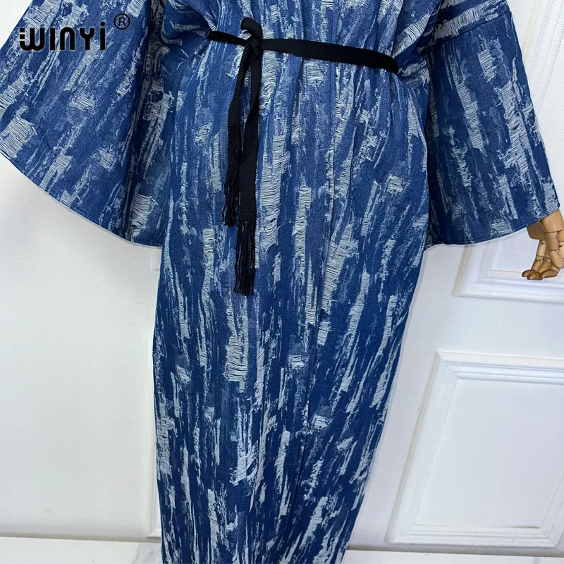 Winyi Kimono Maak Een Oud Denim Vest Vrouwen Lange Down Jas Maxi Jurk Elegant Feest Vakantie Zwemkleding