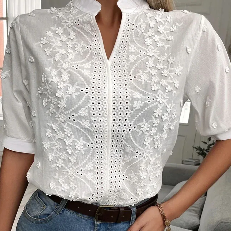 Cotton Tops Floral Embroidery Lace Blouse Women Summer Elegant Short Sleeve Hollow-out Stand Collar V Neck Casual Shirt 24350