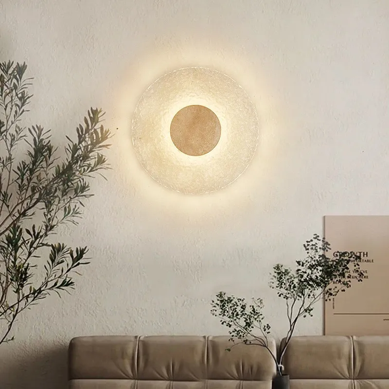 Circular LED Wall Lamp Modern Luxurious Minimalist Bedroom Bedside Aisle Decoration Acrylic Yellow Travertine Bracket Light