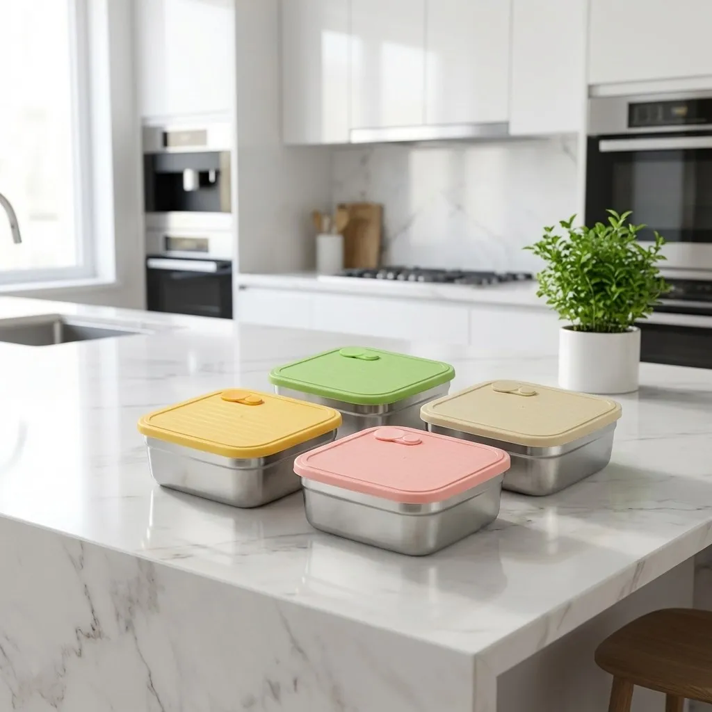 Contenedor de Almacenamiento de Alimentos para Refrigerador con Tapa, Apilable, Hermético, Apto para Microondas, Lonchera de Acero Inoxidable 304