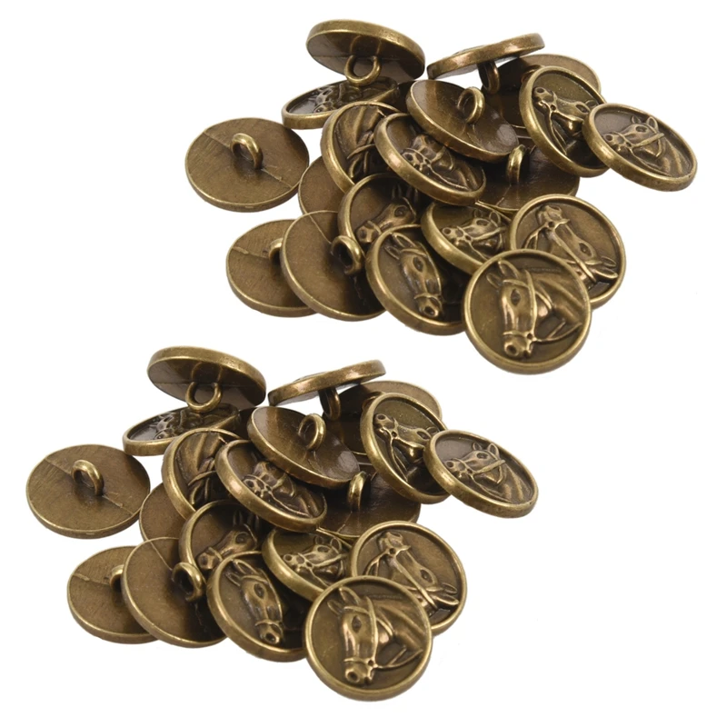 40Pcs Zinc Alloy Buttons Horse Head Carved Round Bronze Tone 15Mm( 5/8 Inch)Dia.