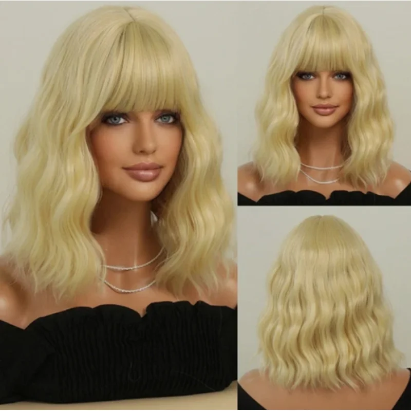 

Short Wavy Curly Hair Bob Wigs With Bangs Synthetic For Women Cosplay Wig