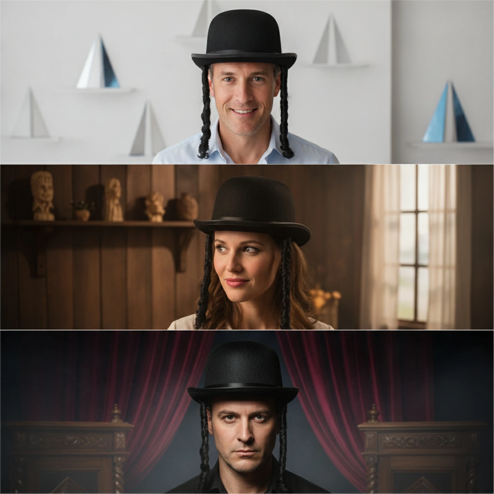 Bowler Hat with Braids Lightweight Costume Bowler Hat Vintage-Inspired Classic for Adults, Halloween, Photo Shoots - view 4