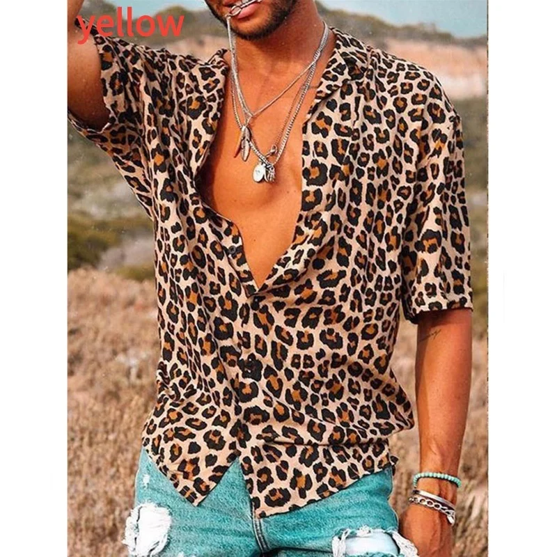 New Leopard Print Men\'s Shirt Business Work Luxury Brand Short Sleeve Top