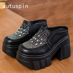 Autuspin Women's Slippers 11cm Super High Heels Women Fashion Mesh Splicing Leather Round Toe Slides Crystal Ladies Mules Shoes