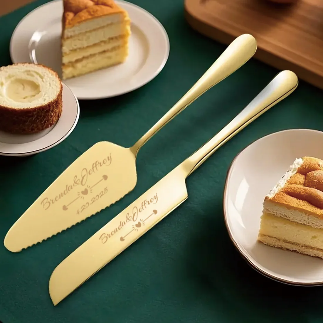 Custom Engraved Couple Names Cake Knife And Server Set Gold Rose Gold Stainless Steel Wedding Dessert Utensils Bride Groom Party