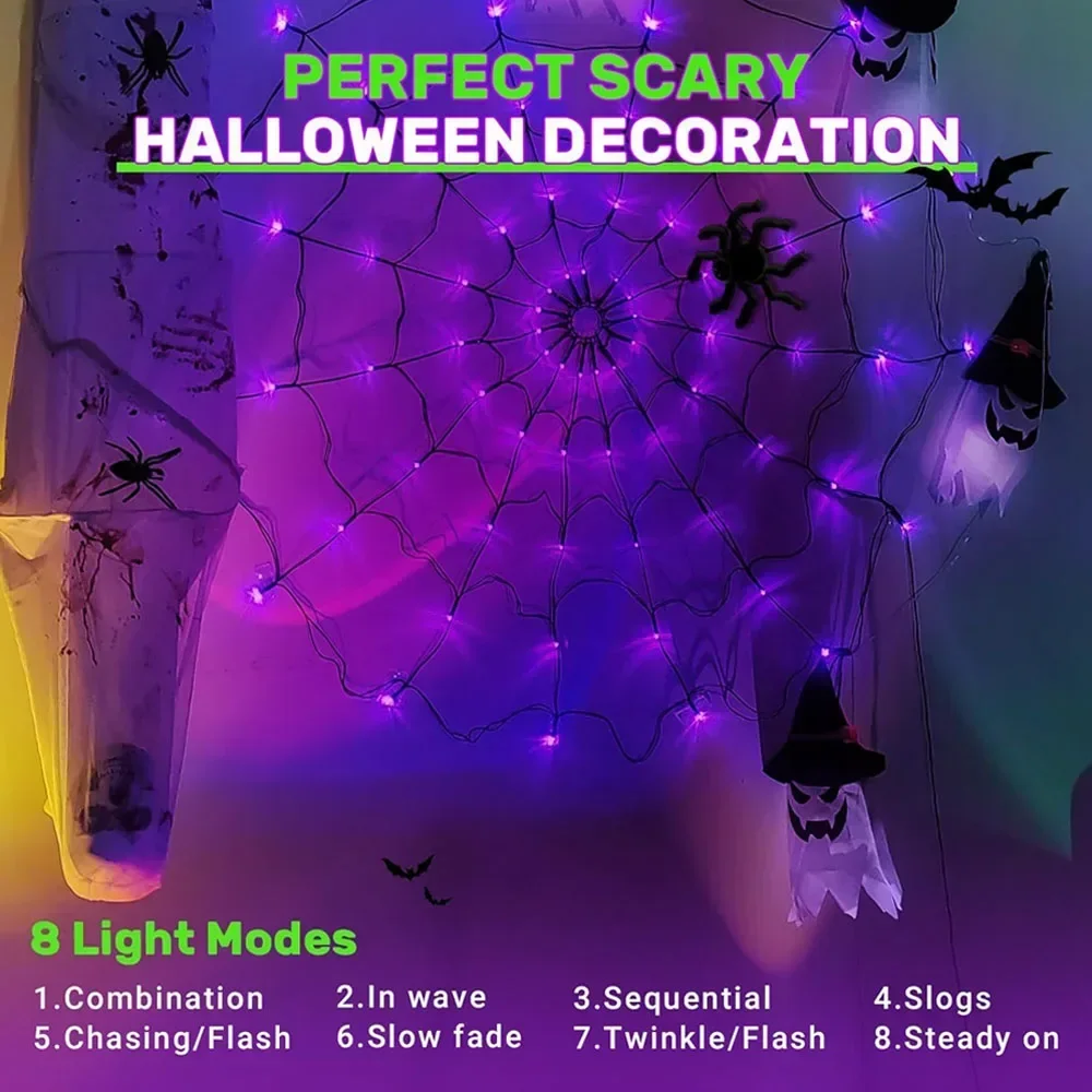 Halloween Decor 70LED 1.2m Spider Web Lights Waterproof Spider Net Lights Halloween Purple String Light Outdoor Home Party Decor