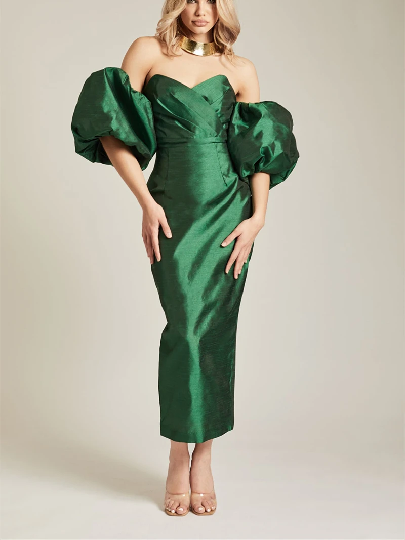 

Emerald Green Simple Evening Dress Puff Sleeve Off The Shoulder Tea Length Prom Party Gown Straight Sweetheart Customized