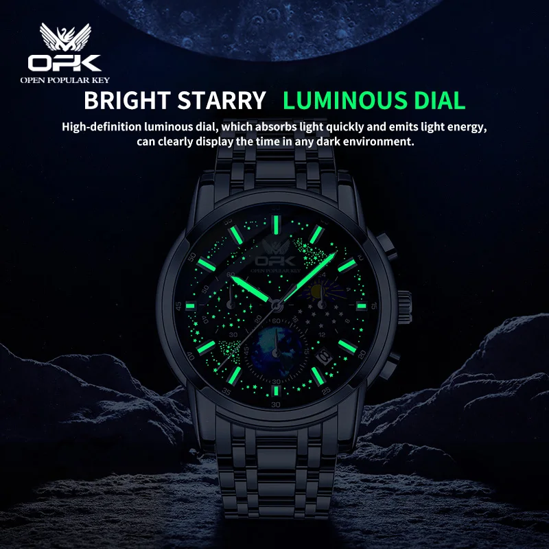 OPK Men\'s Quartz Watch Starry Sky Moon phase Multifunctional Stainless Steel Waterproof Luxury Business Wristwatch for Men New