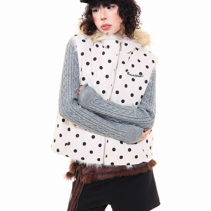 الفرنسية الرجعية الأبيض البولكا نقطة فو الفراء عكسها المرأة صدرية 2025 الخريف الشتاء جديد الحلو كول تنوعا سترة دافئة السيدات #4