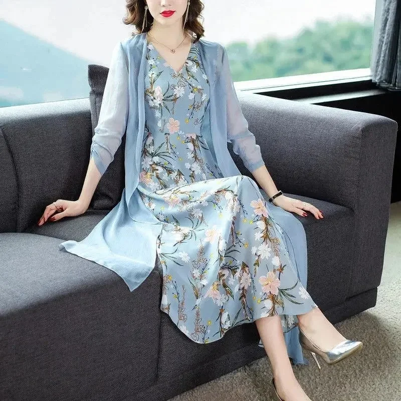 Set Size Large Dress New Chiffon Coat Slim and Fashion Reducing Age Cardigan Print Tank Top Two Piece Set