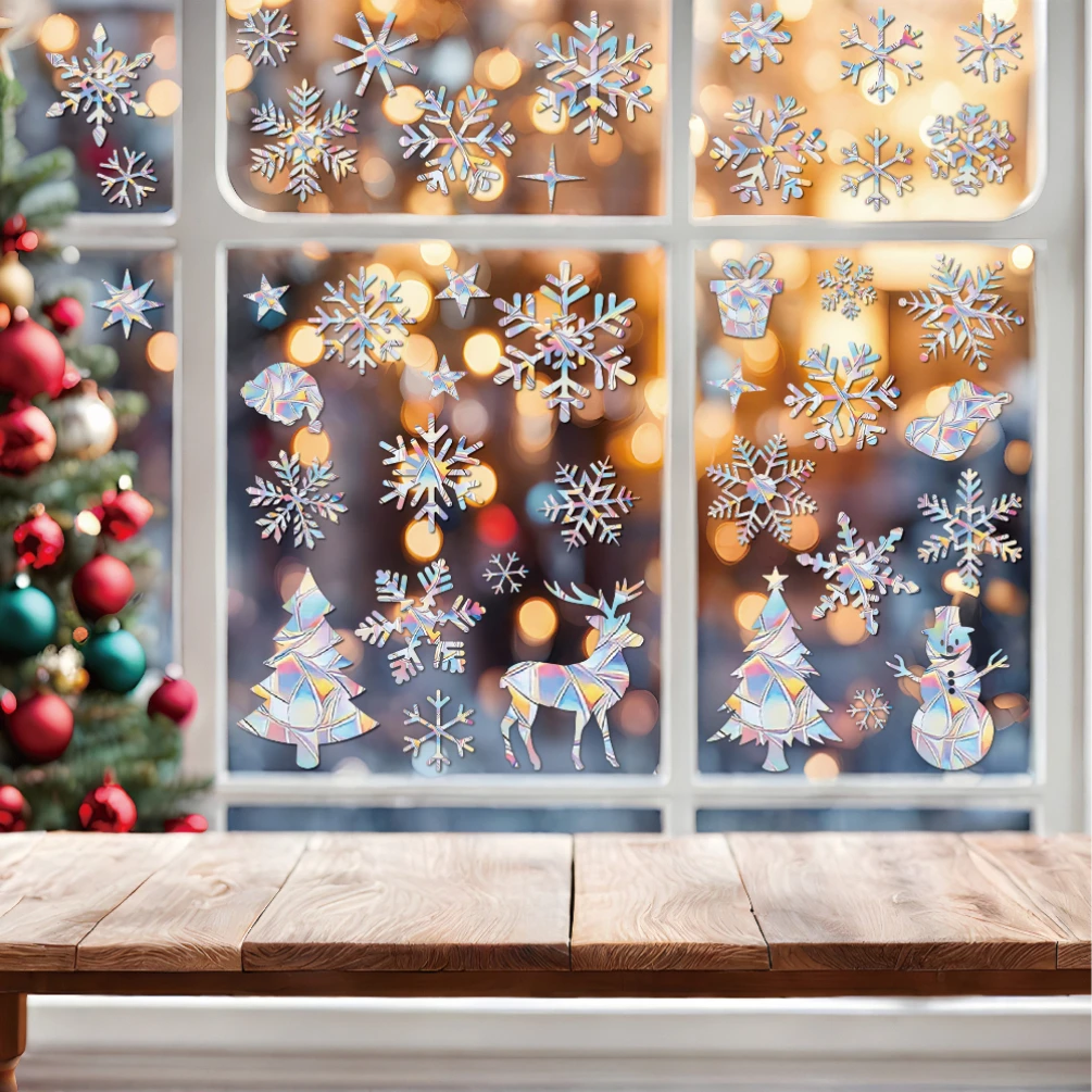 Suncatcher Christmas Snowflake Window Sticker Xmas Tree Snowman Laser Rainbow Wall Decal 2024 New Year Kids Room Home Decoration