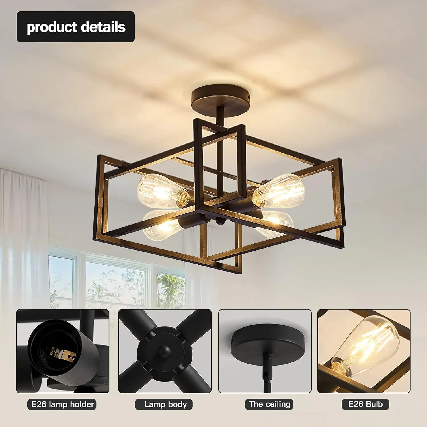 Zglaojt 4-Lights Close To Ceiling Light，Black Light Fixture Industrial Flush Mount Ceiling Light ，Farmhouse Chandelier Lighting