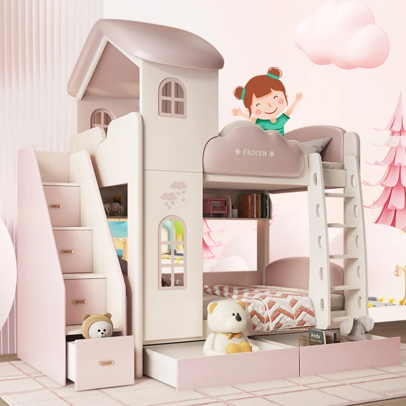 Cute Girl Room Letto a castello Twin Frame Lusso Rosa Queen Bed Princess Loft Comferter Litera Mobili per la casa