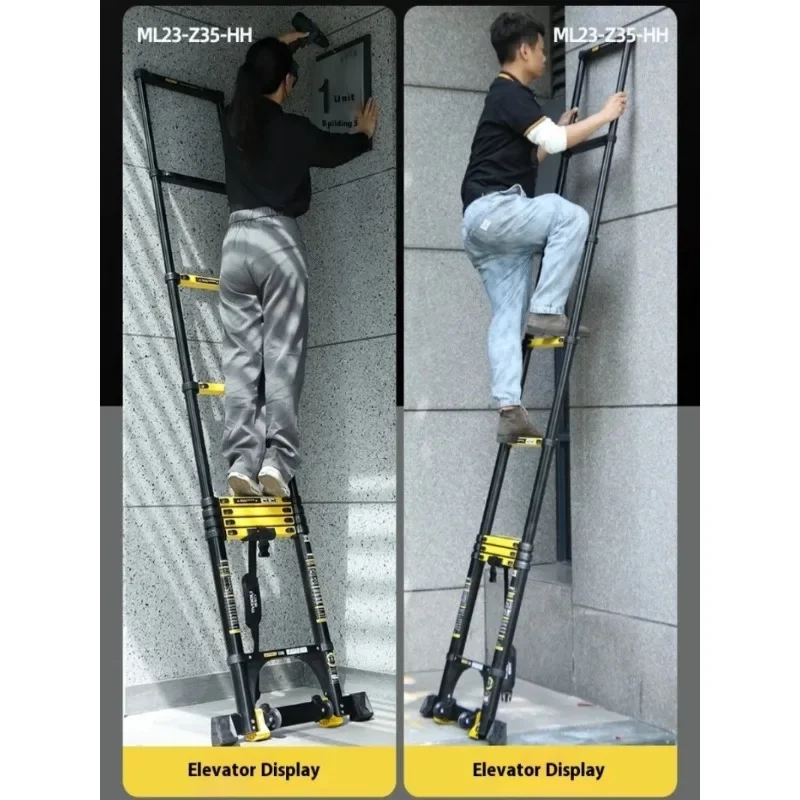 New black yellow aluminum alloy folding telescopic ladder, double-sided balance bar, anti slip widened pedal with pulley