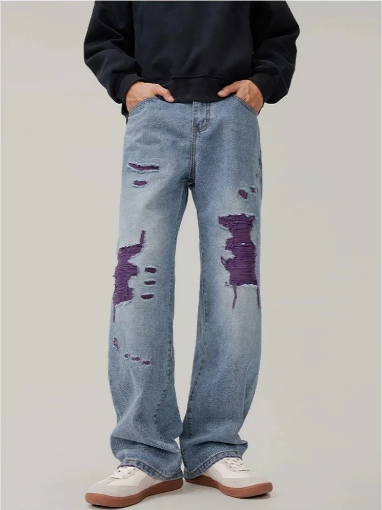 

2026 American Retro Y2K Streetwear Baggy Purple Ripped Jeans Pants For Men Clothing Straight Loose Denim Trousers Pantaloni Uomo