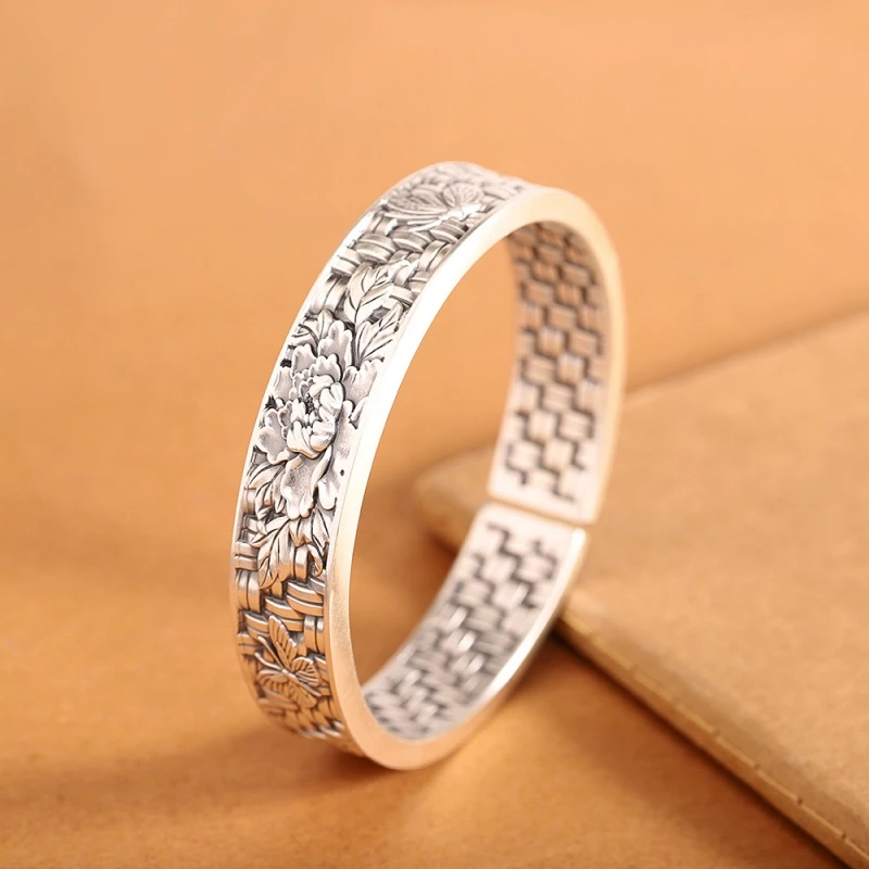 S999 Sterling Silver Bracelets for Women New Fashion Ethnic Style Weaving Pattern Peonies Thick Bangle Jewelry Wholesale