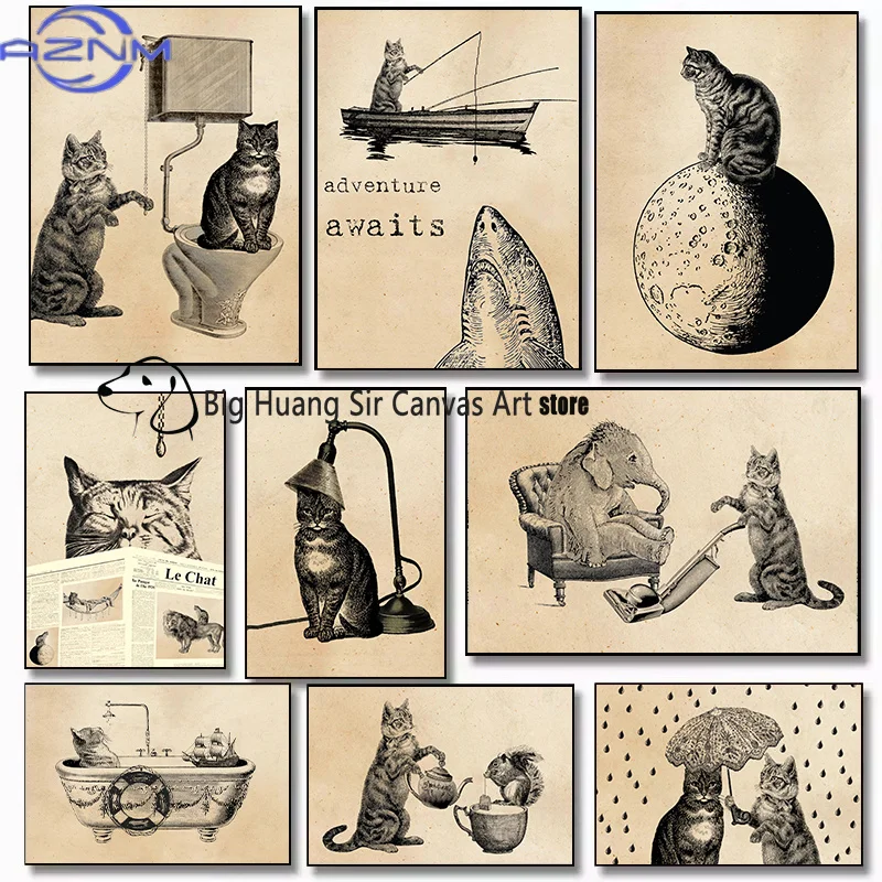 AZNM - Póster de lienzo con ilustración vintage de gatos chinos Li Hua, gato tabby, aventura, riesgo, cuadros para pared, decoración del hogar, habitación D
