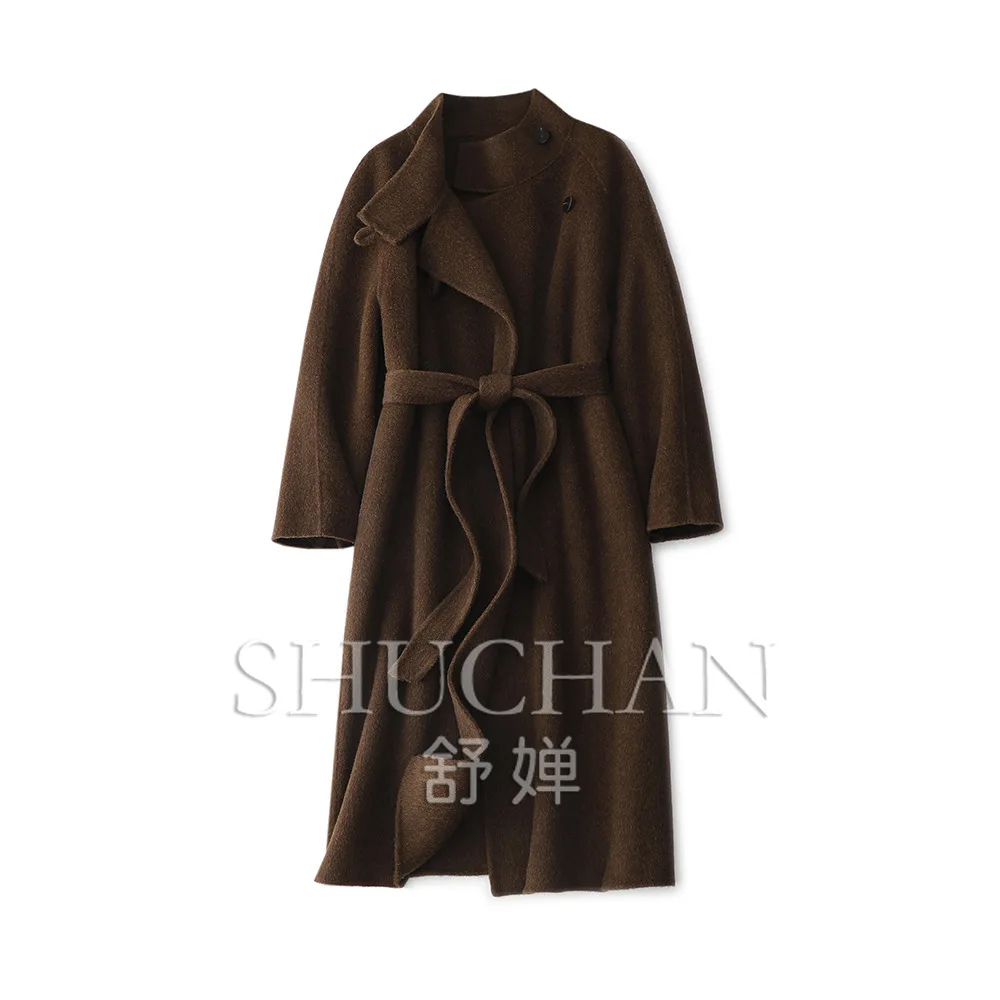 

New Autumn and Winter Imported Camel Wool Hand-sewn Stand-up Collar Woolen Coat Women Lace-up Abrigos Mujer