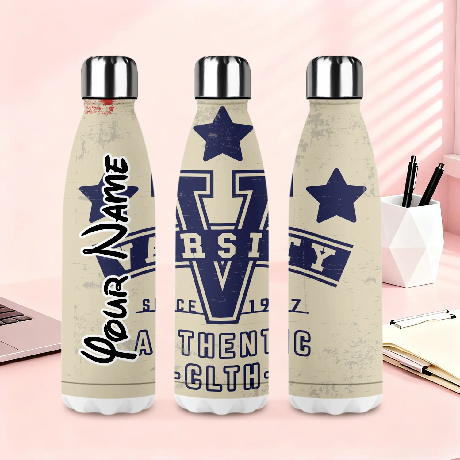 

18oz Leak Proof Outdoor Water Bottle Stainless Steel Bottle featuring "Varsity Authentic Clth" Graphics and a Unique Body Design