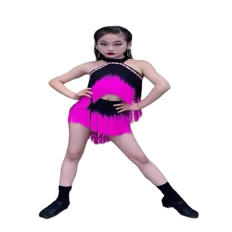 Skirts Child Latin Ballroom Tango Dancewear New Pink Black Latin Fringes Dance Costume Girls Latin Tassels Dress