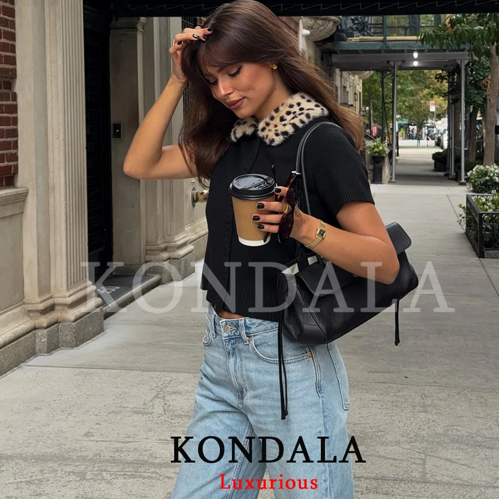 KONDALA Vintage Casual Chic Women Knit Sweaters Patchwork Faux Fur Button Short Sleeve  Cardigan Fashion 2026 Autumn Winter Tops