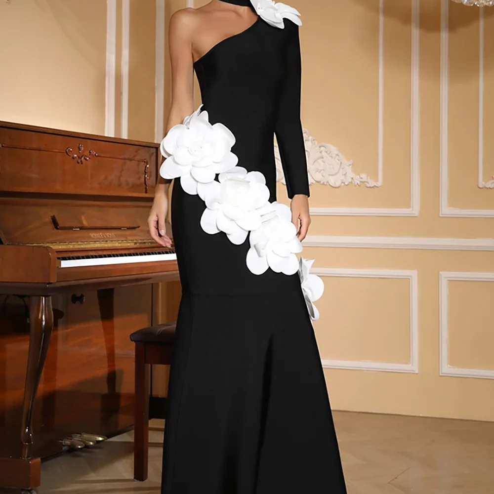 

Классические контрастные цвета на одно плечо с цветами без рукавов Русалка Вечерние платья День рождения Пром платья по индивидуальному заказу