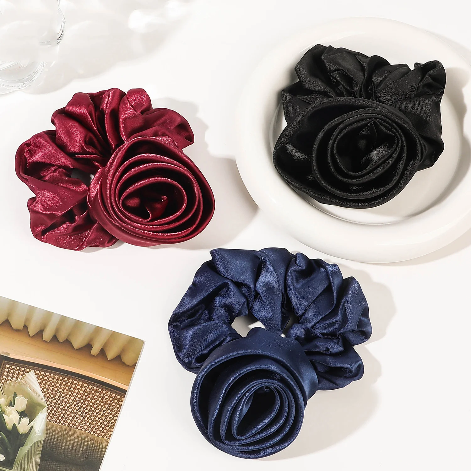 Korean Women Rose Elastic Hair Bands Ties Hair Scrunchies Big Flower Satin Hair Rope Charms Horsetail Rubber Hair Accessories