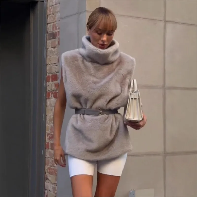 

Minimalist Luxury Faux Fur Vest Women Winter Warm Turtleneck Plush Sleeveless Jacket With Belt Elegant Padded Waistcoat 2026 New