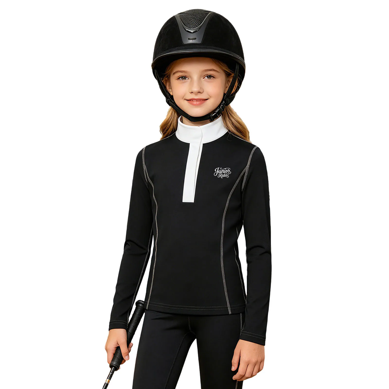 Kids Girls Long Sleeve Equestrian Show Shirt Contrasting Stand Collar Horse Riding T-shirt Quick-dry Athletic Sweatshirt