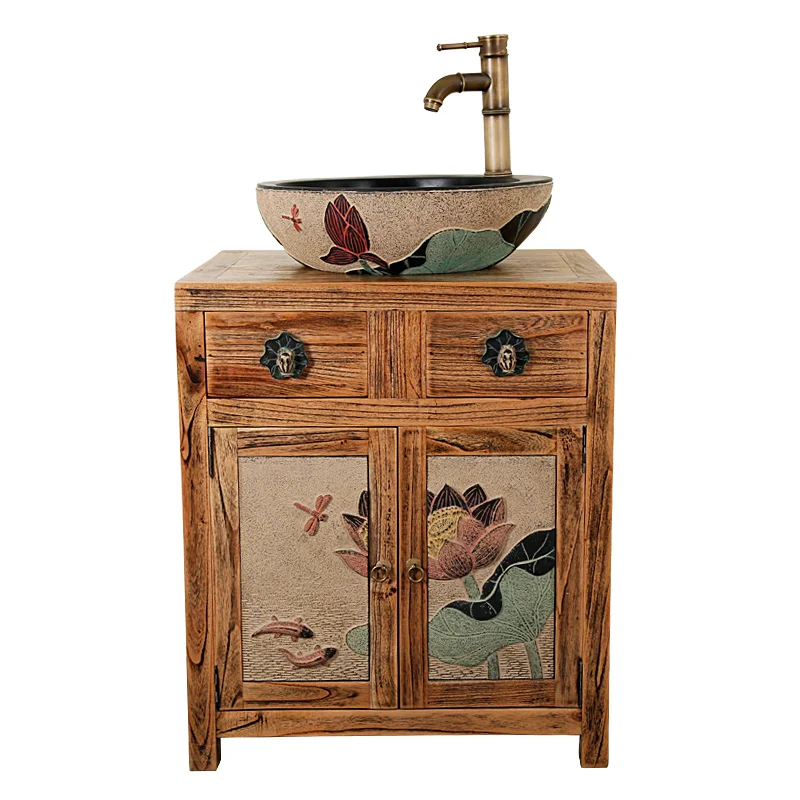 

New Chinese art washbasin cabinet combination solid wood bath cabinet washbasin small apartment modern and simple