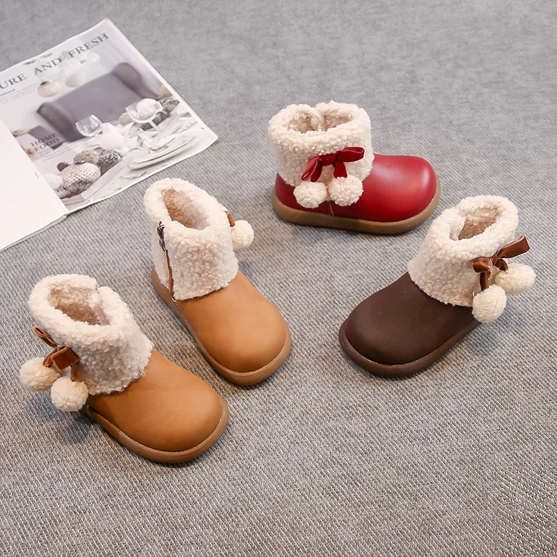 

Girls Princess Boots Suede Warm Kids Ankle Boots with Side Zipper 2025 Winter New Children Short Boots Sweet Bow Korean Style