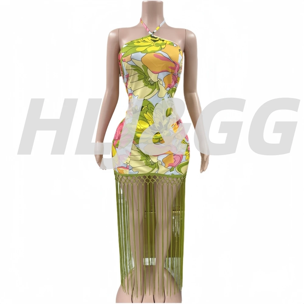 HLJ elegante estampado de flores borlas Patchwork vestido largo mujeres Halter sin mangas espalda descubierta Maxi Vestidos ropa de calle femenina Vestidos