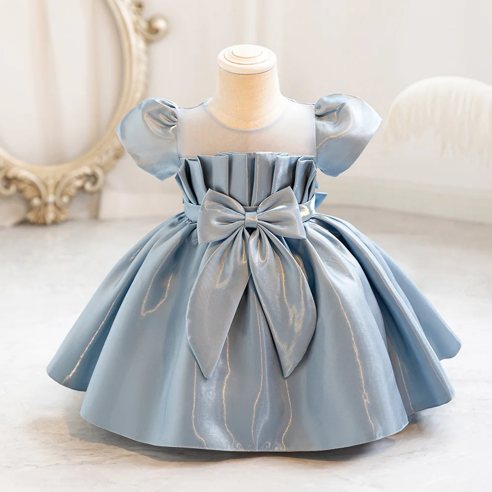 

New Solid Color Big Bow Bubble Sleeve Princess Dress for Girls Sweet and Cute Dress for Kindergarten Family Gatherings