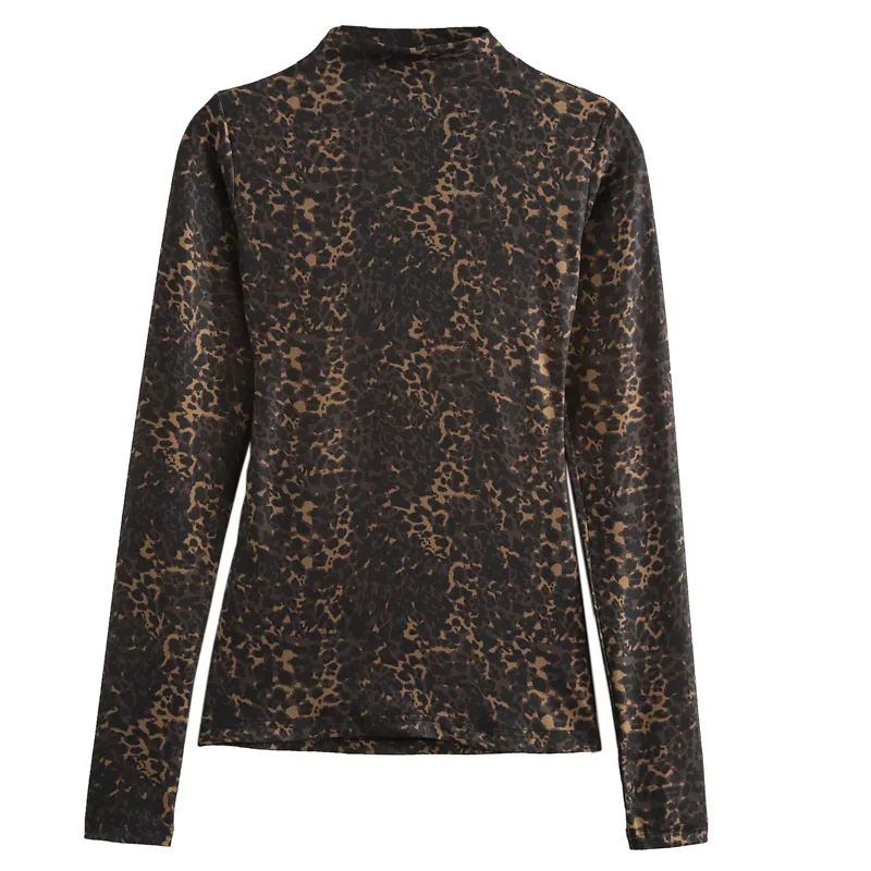 TRAF Tops For Women Cropped Leopard Print Top Woman Vintage New Knit Women's Turtleneck Pullovers Ruched Autumn Long Sleeve Top