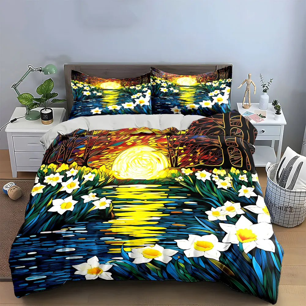"Nature Daffodils Sunset Art Set" Bedding Set with 1 Duvet Cover 2 Pillowcases Single Double King Queen, Gift