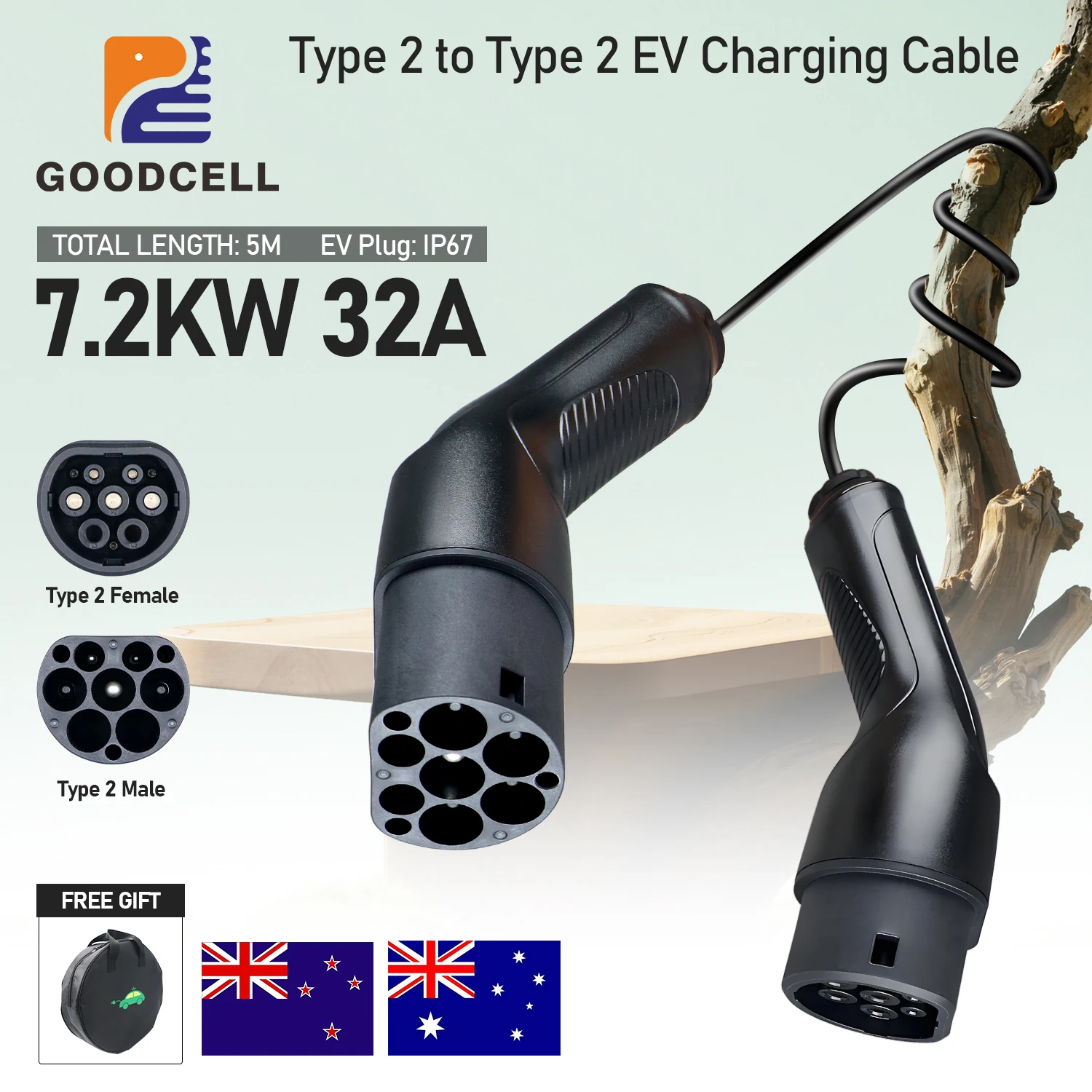 Зарядный кабель GOODCELL для электромобилей, 32А, Тип 2, 7.2/22 кВт, 1/3 фазы, подходит для автомобилей Тип 2