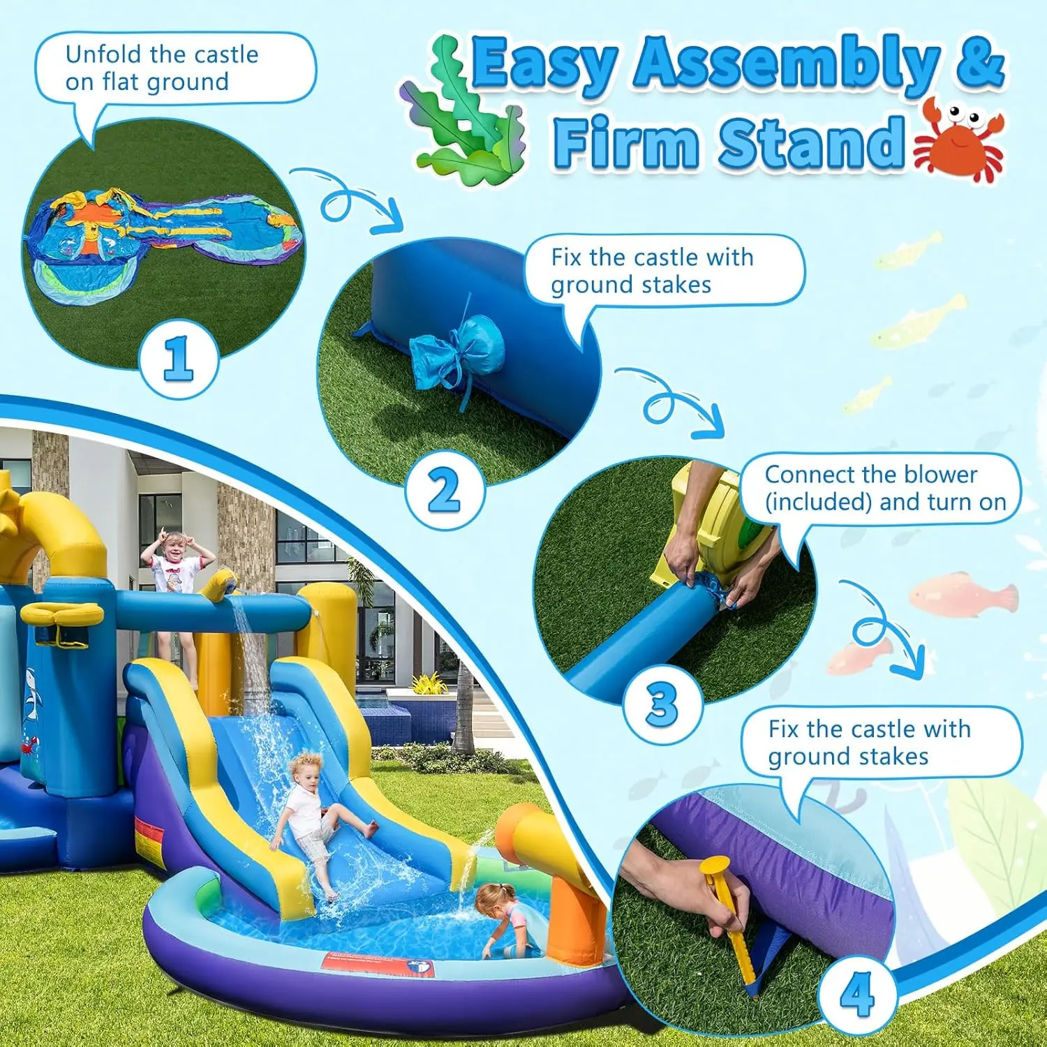 Nadmuchiwana zjeżdżalnia wodna z dmuchawą 735w, Park wodny z Bounce House o tematyce oceanicznej z basenem z piłkami i pluskiem, wewnętrzne dmuchane Cas na zewnątrz