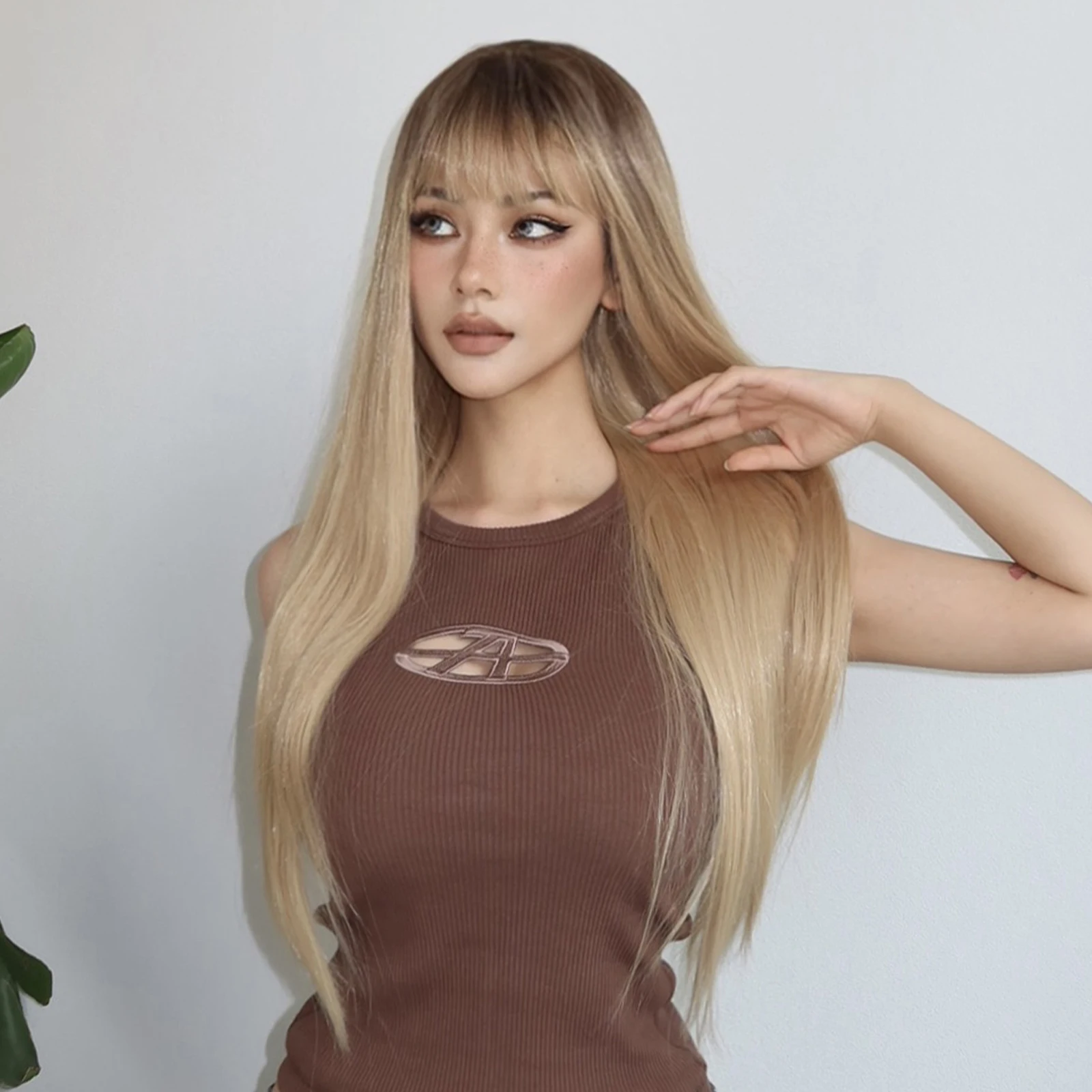 Blonde Ombre Long Silky Straight Synthetic Wigs Dark Root Cosplay Party Hair Wig with Bangs Natural Heat Resistant Wig for Women