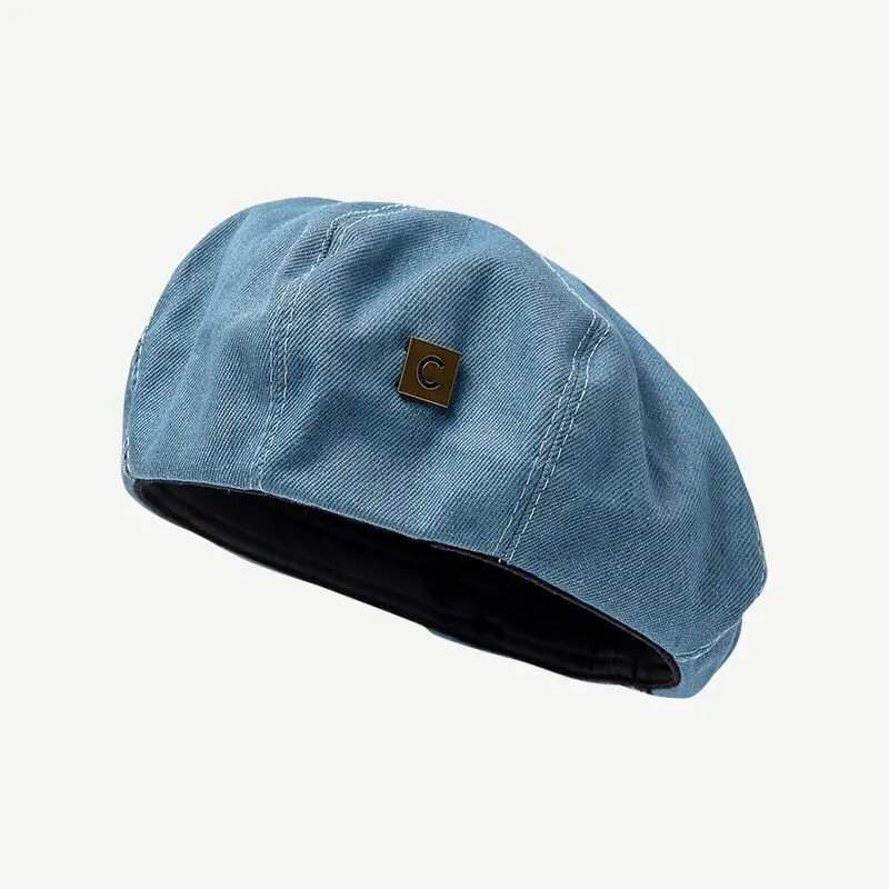 قبعة بيريه من الدنيم للنساء مقاس كبير للرأس للربيع والخريف مطبوعة بحروف زرقاء وجه مستدير قبعة فنان مثمنة كلاسيكية #4