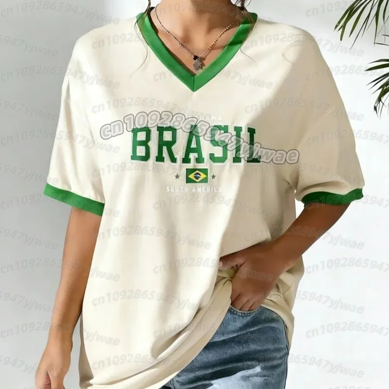 Neues Brasilianisches T-Shirt Sommer Damen V-Ausschnitt T-Shirt Brasilianisches Fußball-T-Shirt Gelb Farbverlauf Damen Herren Schnelltrocknende Oberteile – Detail 12