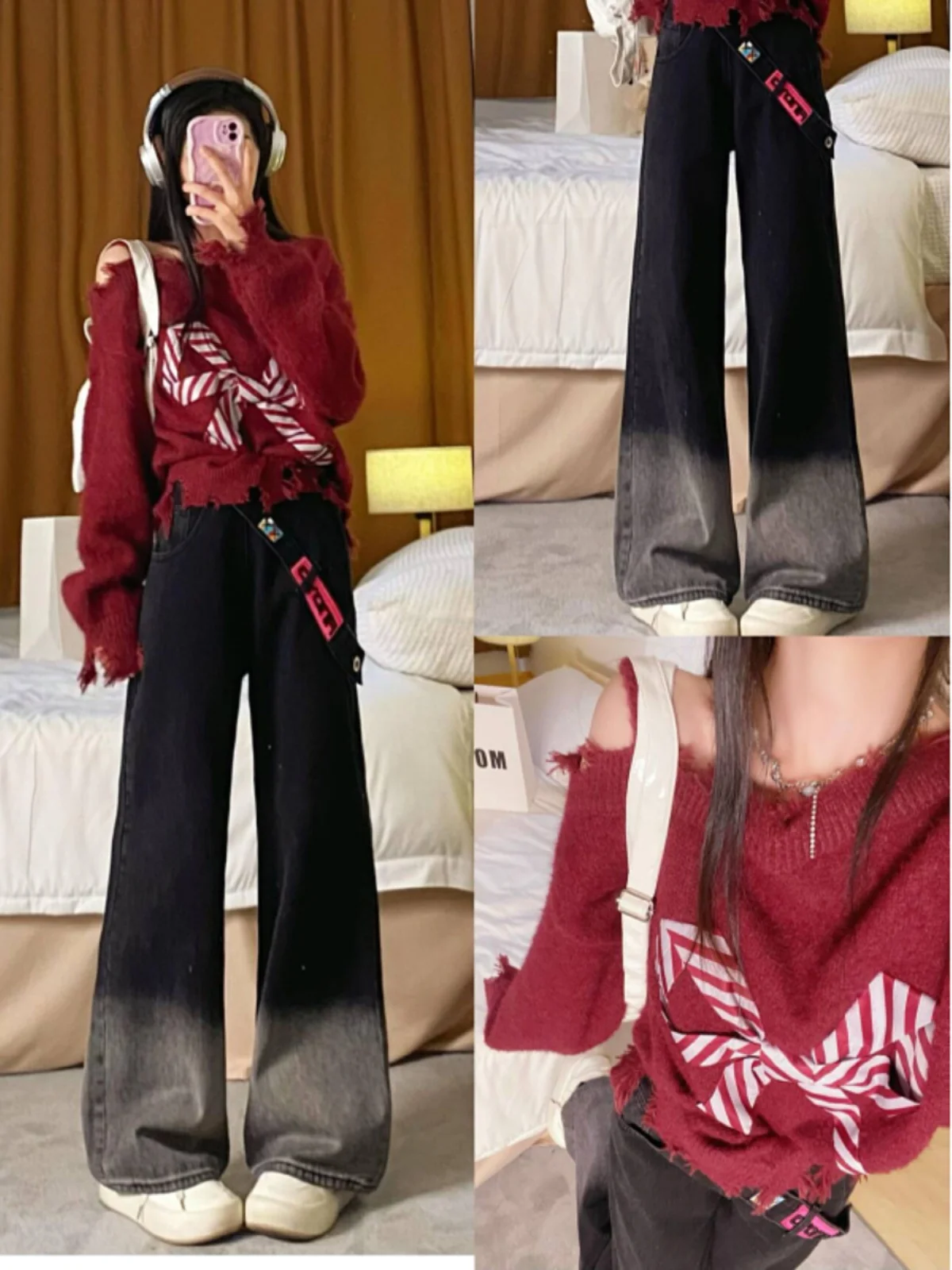 High Waist Wide Leg Jeans Women's Casual Sle adient Color High Waist Zipper Design Spring Faion plus Size Loose Fit Pants