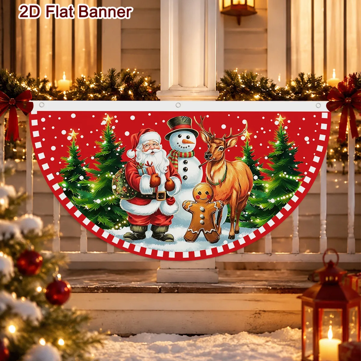 Christmas Fan-Shaped Flag Santa Snowman Print Outdoor Banner 90*48cm Polyester Fan Flag for Garden Fence Christmas Decorations